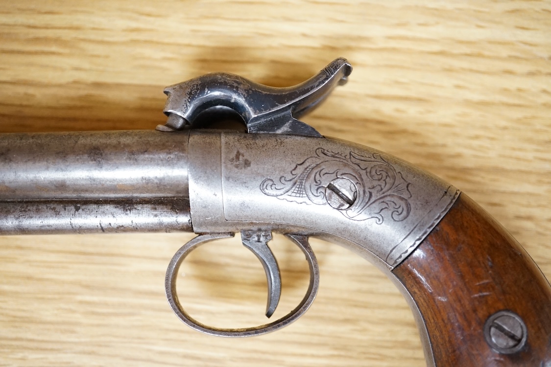 A double barrel American boxlock percussion pocket pistol with rounded frame roll engraved with foliage, and two-piece, bag shaped walnut grips
